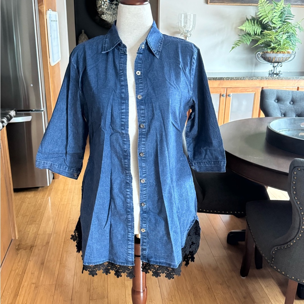 Denim Button-Up Shirt with Lace Trim